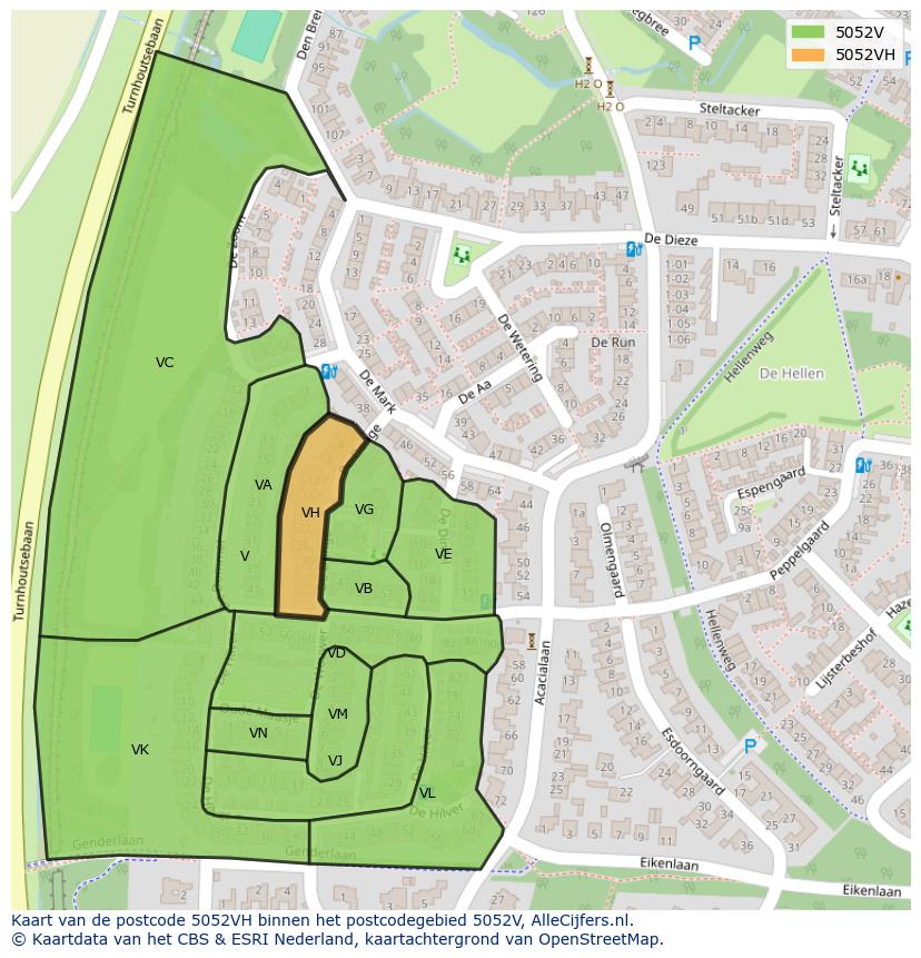 Afbeelding van het postcodegebied 5052 VH op de kaart.