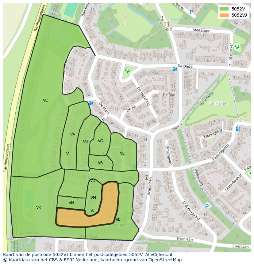 Afbeelding van het postcodegebied 5052 VJ op de kaart.
