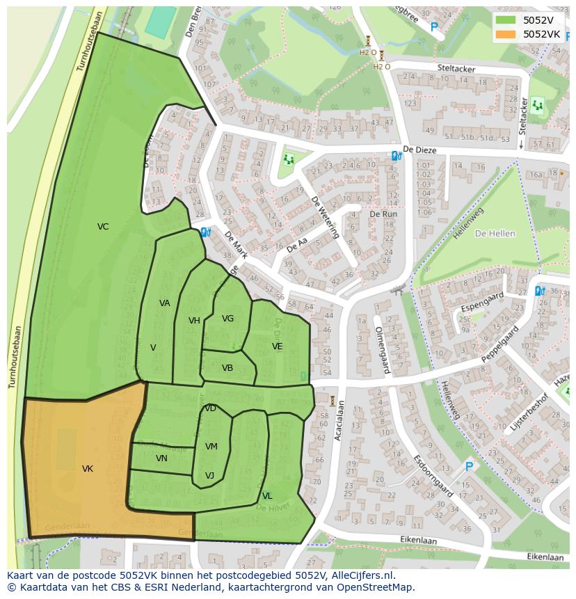 Afbeelding van het postcodegebied 5052 VK op de kaart.