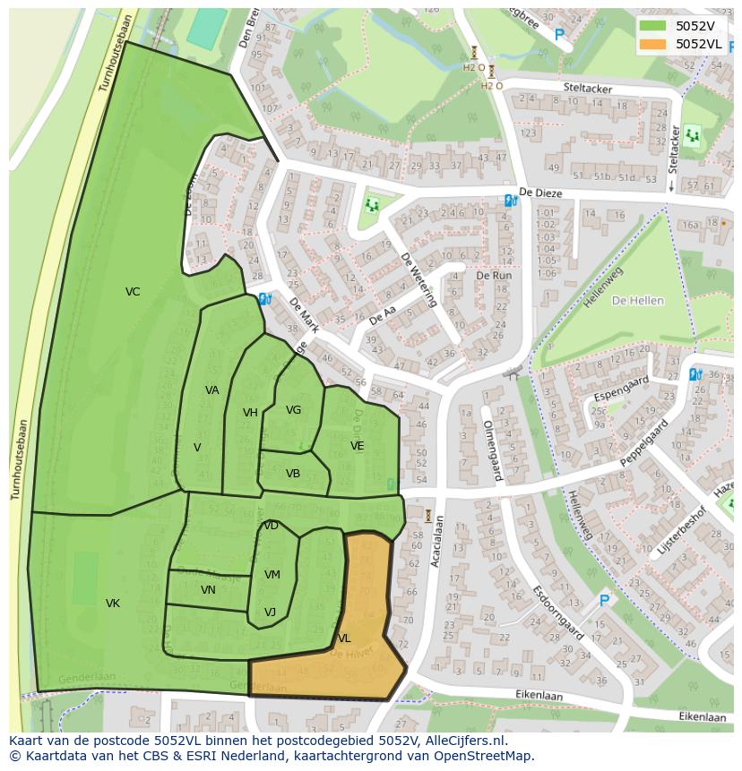 Afbeelding van het postcodegebied 5052 VL op de kaart.