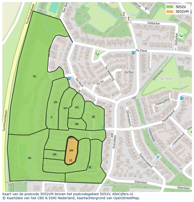 Afbeelding van het postcodegebied 5052 VM op de kaart.