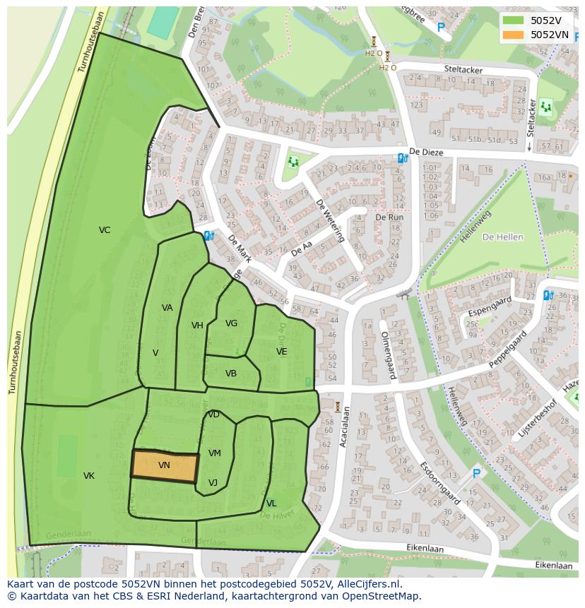 Afbeelding van het postcodegebied 5052 VN op de kaart.