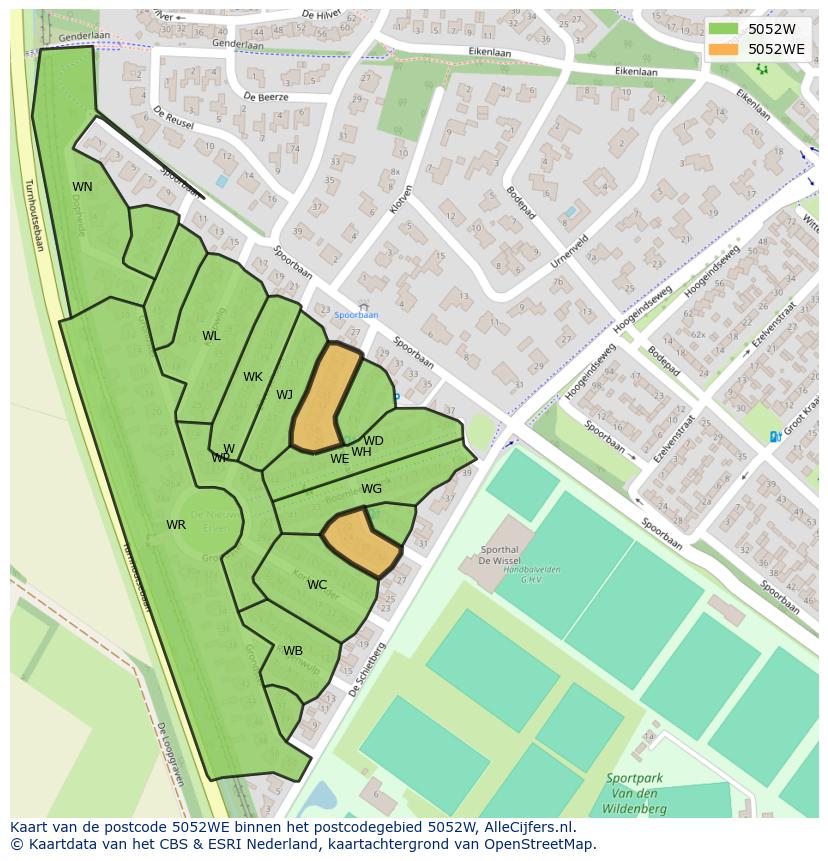 Afbeelding van het postcodegebied 5052 WE op de kaart.