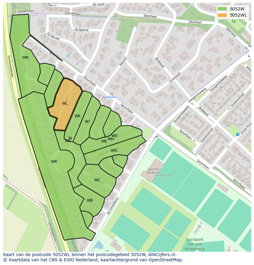 Afbeelding van het postcodegebied 5052 WL op de kaart.