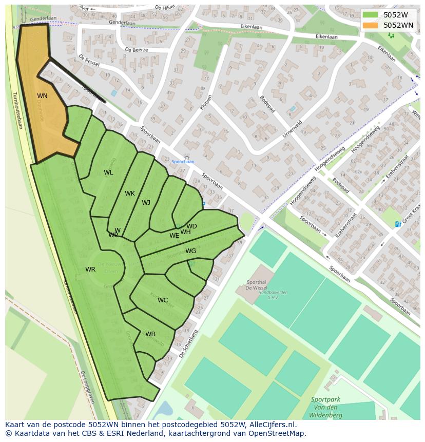 Afbeelding van het postcodegebied 5052 WN op de kaart.