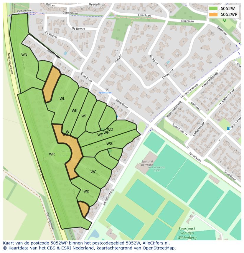 Afbeelding van het postcodegebied 5052 WP op de kaart.