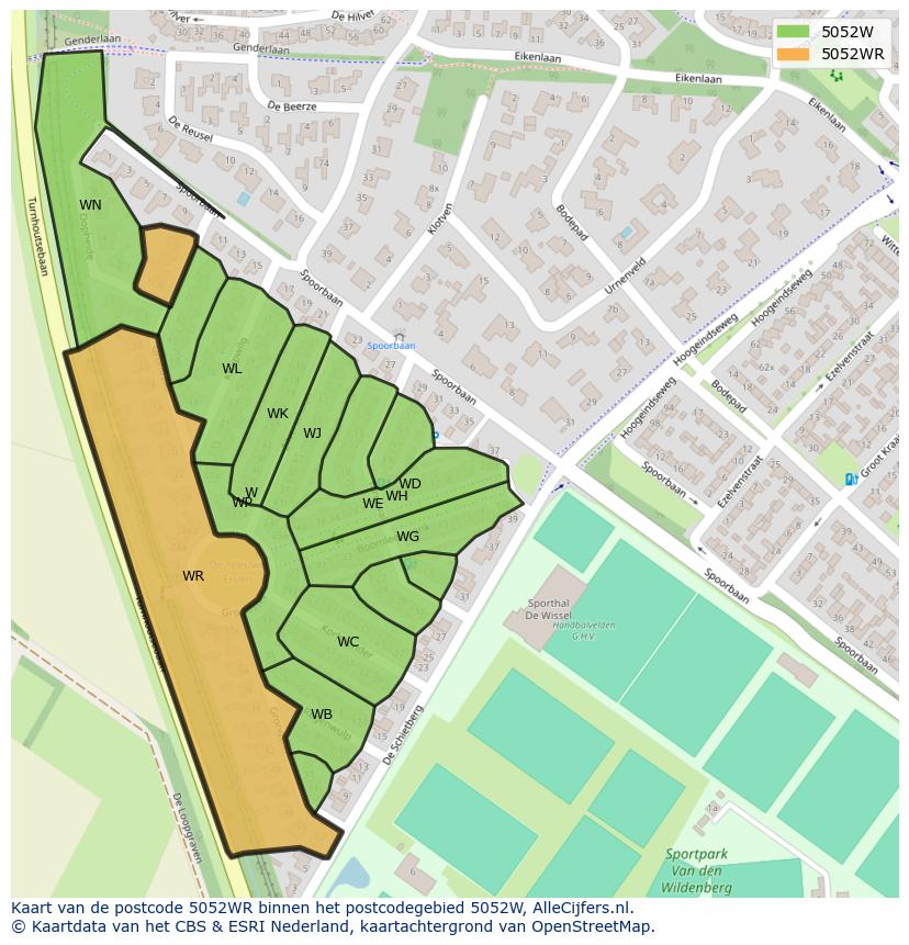Afbeelding van het postcodegebied 5052 WR op de kaart.