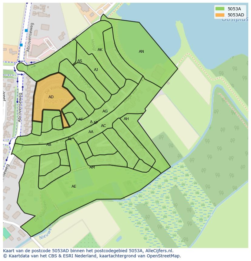 Afbeelding van het postcodegebied 5053 AD op de kaart.