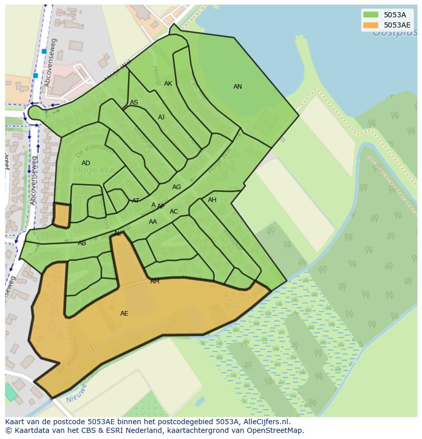 Afbeelding van het postcodegebied 5053 AE op de kaart.