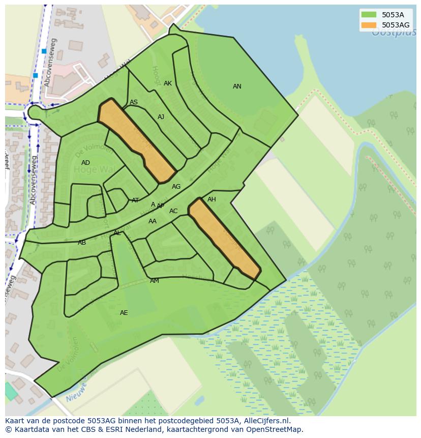 Afbeelding van het postcodegebied 5053 AG op de kaart.