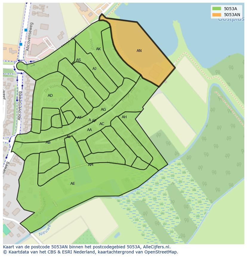 Afbeelding van het postcodegebied 5053 AN op de kaart.