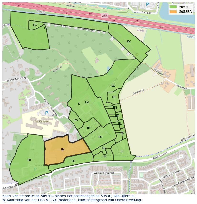 Afbeelding van het postcodegebied 5053 EA op de kaart.