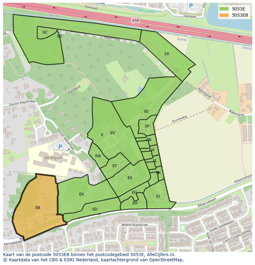 Afbeelding van het postcodegebied 5053 EB op de kaart.