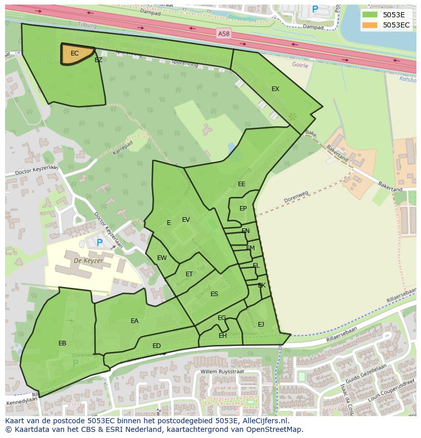 Afbeelding van het postcodegebied 5053 EC op de kaart.