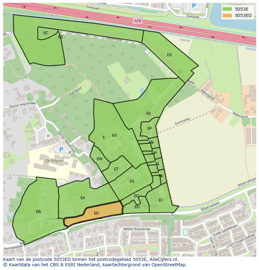 Afbeelding van het postcodegebied 5053 ED op de kaart.
