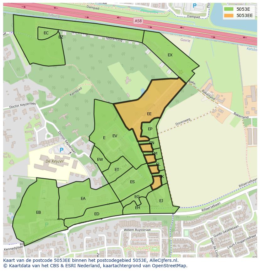 Afbeelding van het postcodegebied 5053 EE op de kaart.