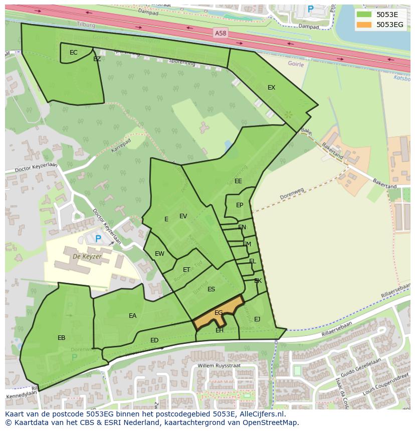 Afbeelding van het postcodegebied 5053 EG op de kaart.