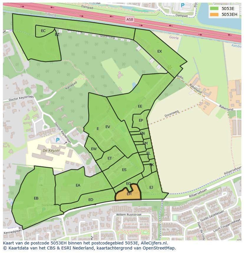 Afbeelding van het postcodegebied 5053 EH op de kaart.