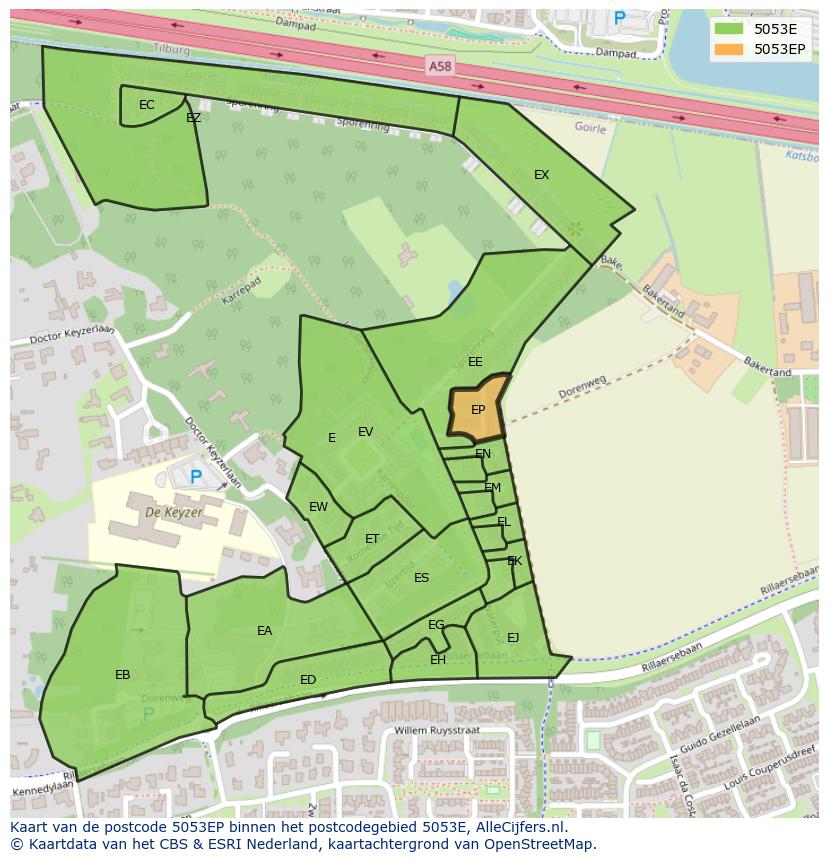 Afbeelding van het postcodegebied 5053 EP op de kaart.