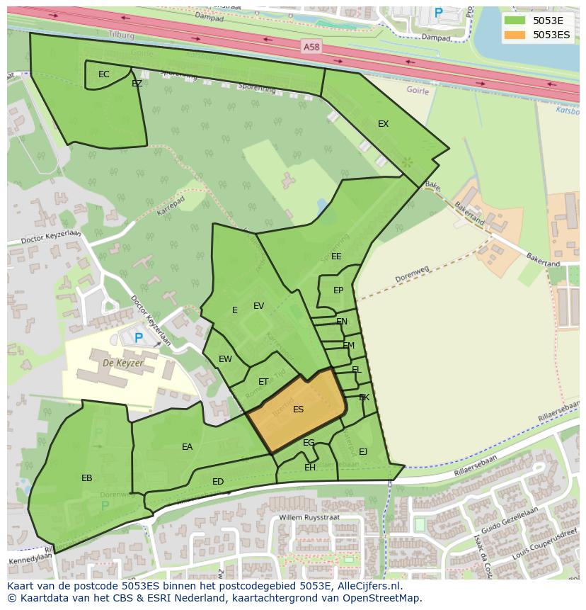 Afbeelding van het postcodegebied 5053 ES op de kaart.