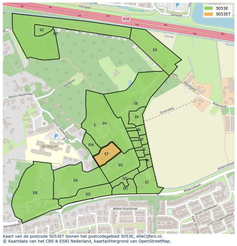 Afbeelding van het postcodegebied 5053 ET op de kaart.
