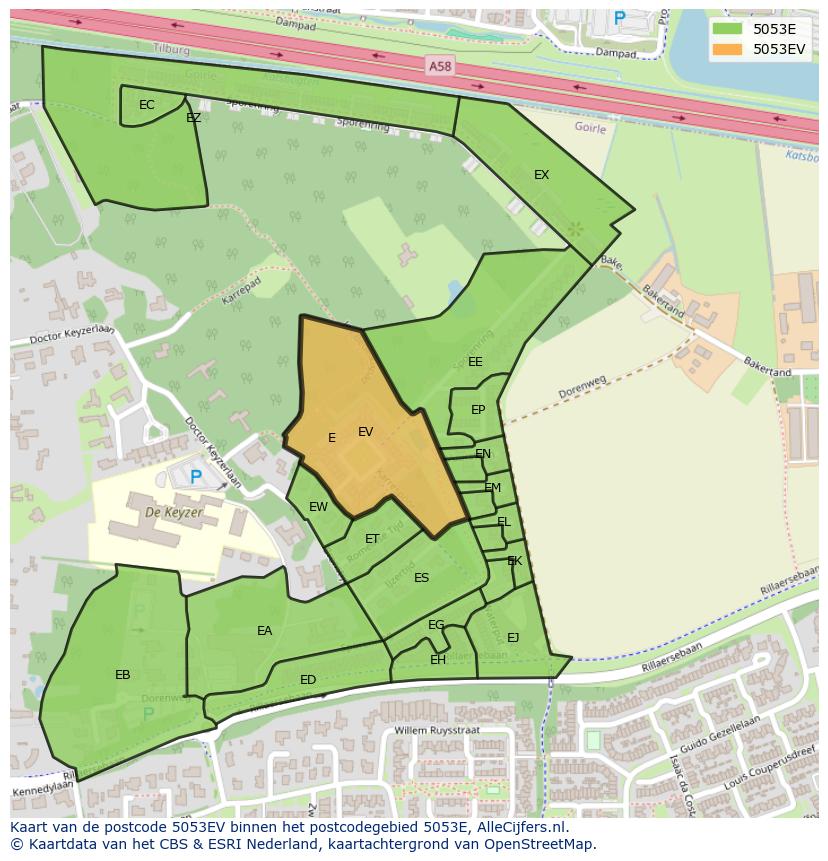 Afbeelding van het postcodegebied 5053 EV op de kaart.
