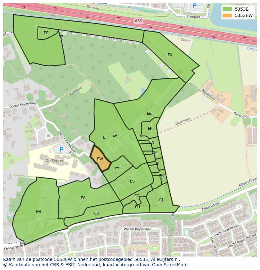 Afbeelding van het postcodegebied 5053 EW op de kaart.