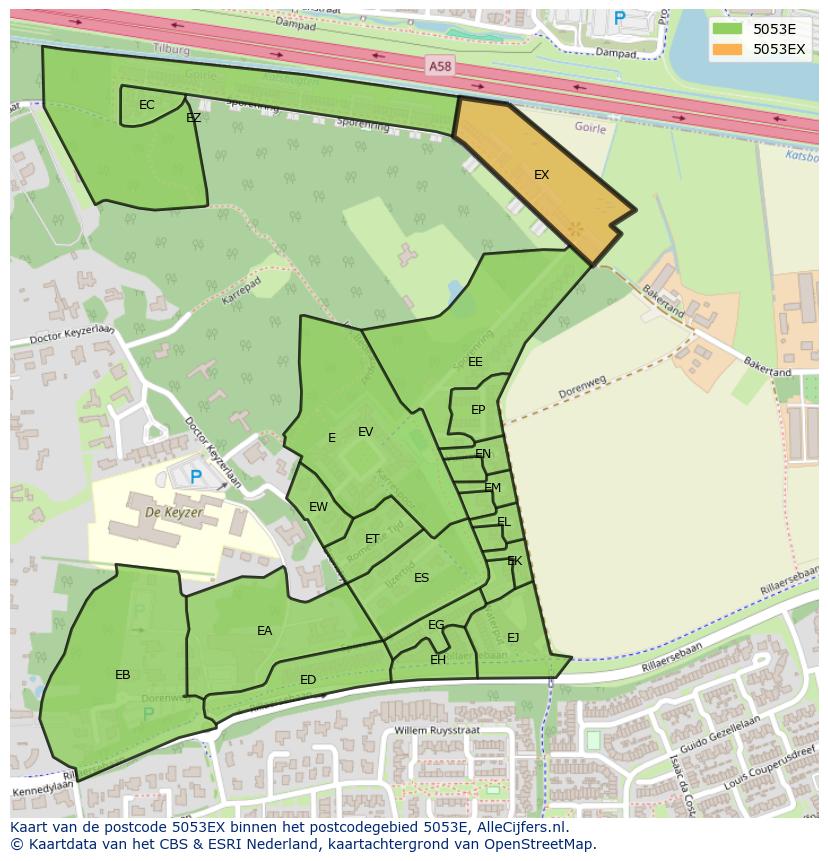 Afbeelding van het postcodegebied 5053 EX op de kaart.