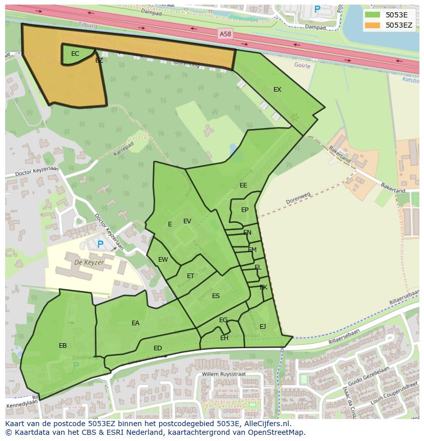 Afbeelding van het postcodegebied 5053 EZ op de kaart.