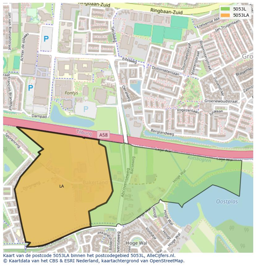 Afbeelding van het postcodegebied 5053 LA op de kaart.