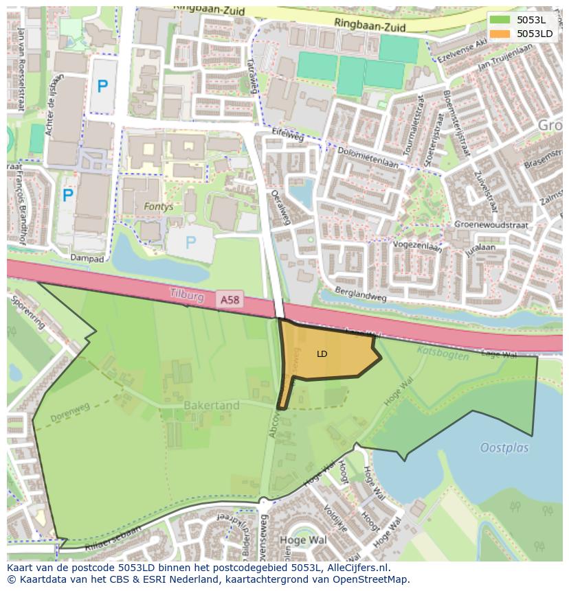 Afbeelding van het postcodegebied 5053 LD op de kaart.