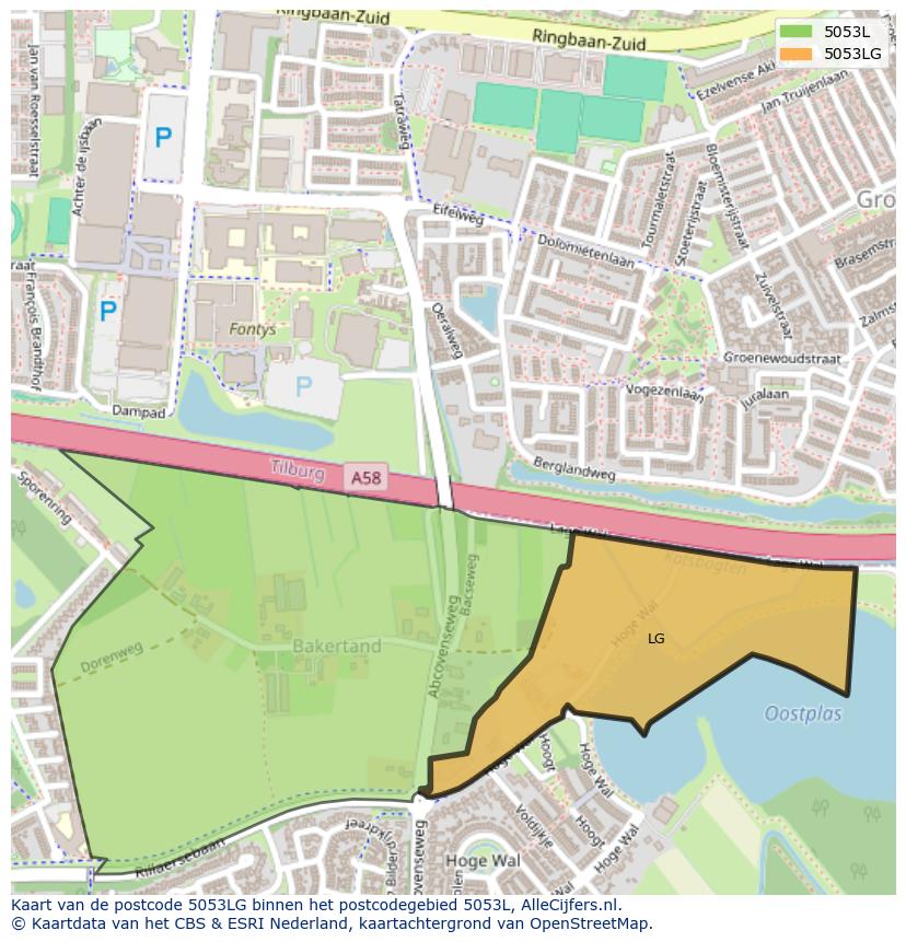 Afbeelding van het postcodegebied 5053 LG op de kaart.