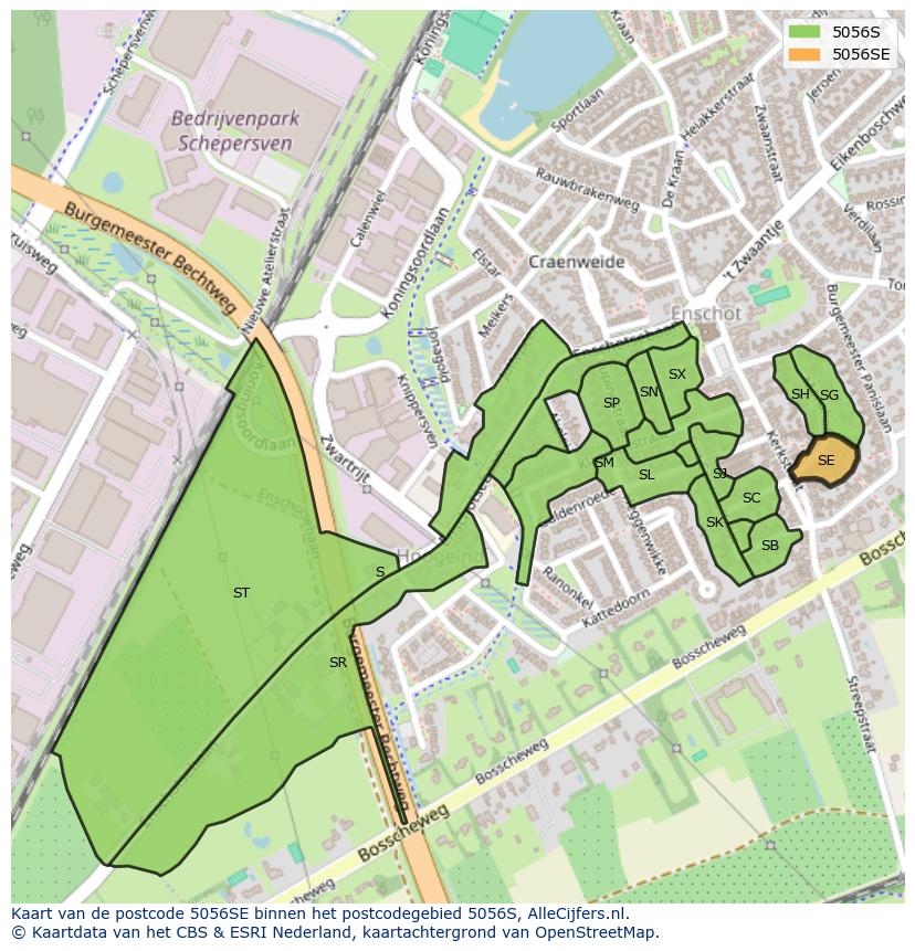 Afbeelding van het postcodegebied 5056 SE op de kaart.