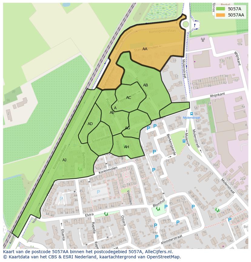 Afbeelding van het postcodegebied 5057 AA op de kaart.