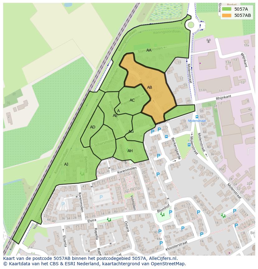 Afbeelding van het postcodegebied 5057 AB op de kaart.