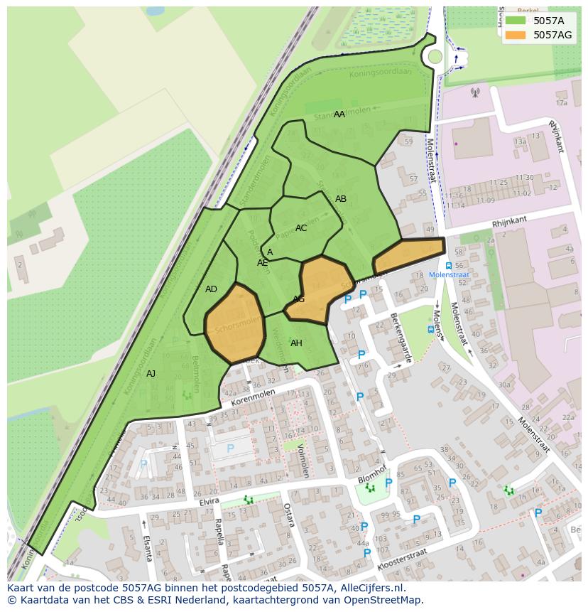 Afbeelding van het postcodegebied 5057 AG op de kaart.
