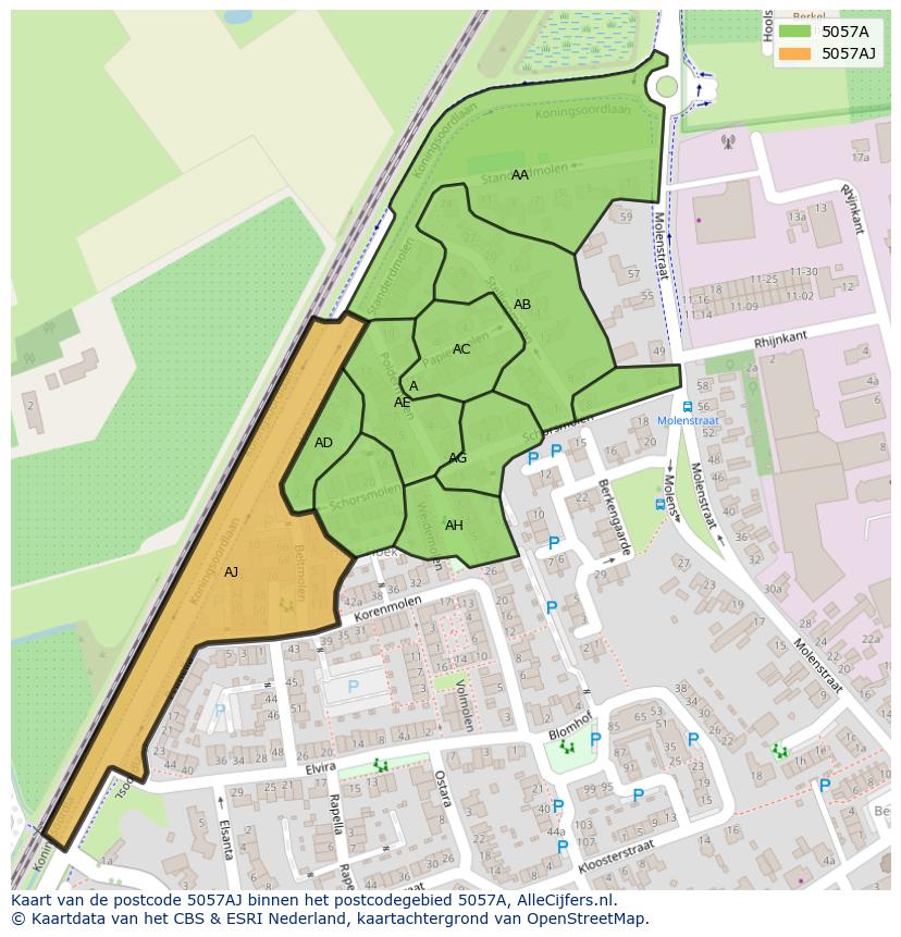 Afbeelding van het postcodegebied 5057 AJ op de kaart.