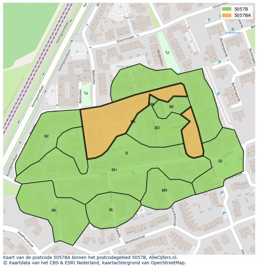 Afbeelding van het postcodegebied 5057 BA op de kaart.
