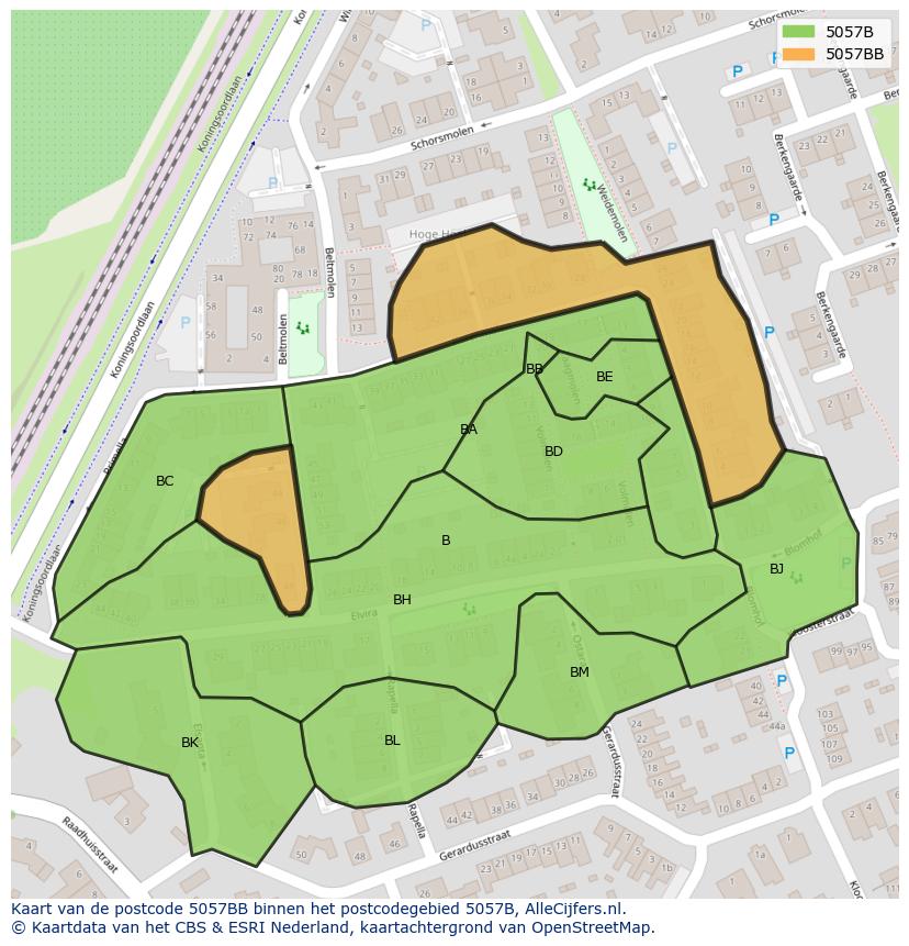 Afbeelding van het postcodegebied 5057 BB op de kaart.