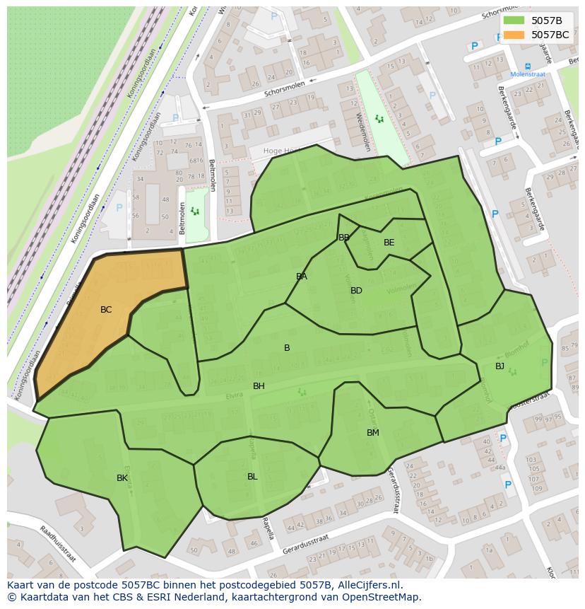 Afbeelding van het postcodegebied 5057 BC op de kaart.