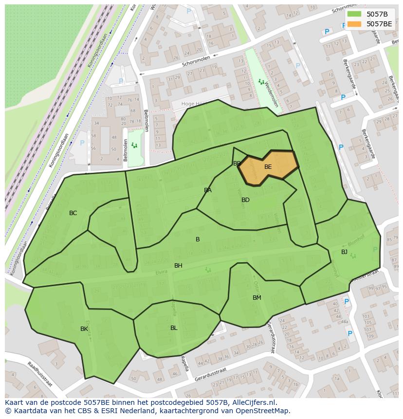 Afbeelding van het postcodegebied 5057 BE op de kaart.