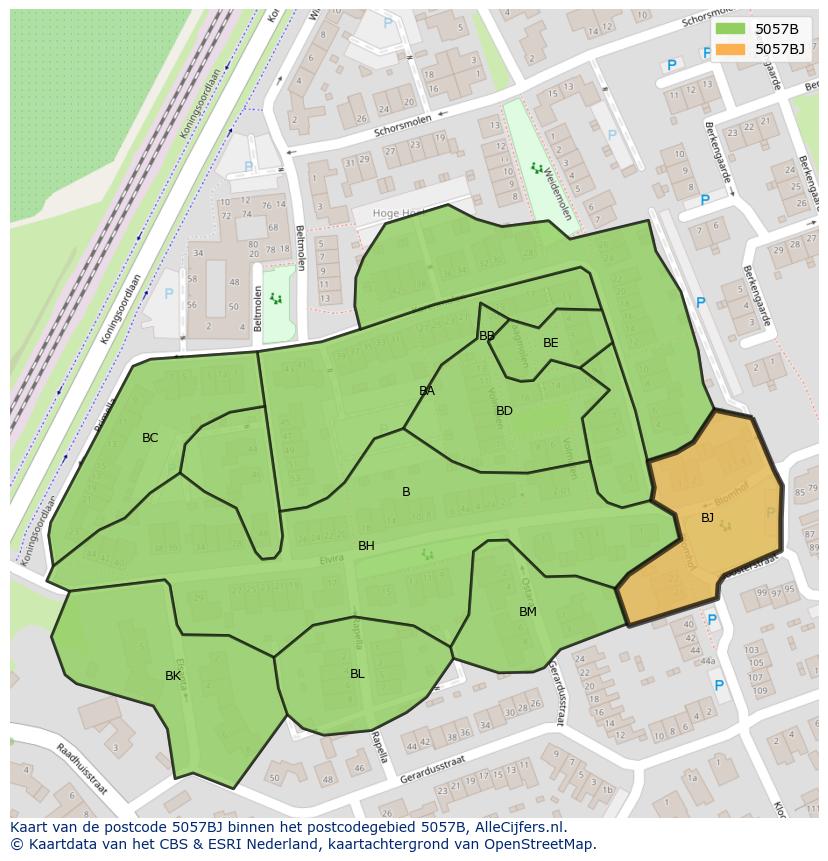 Afbeelding van het postcodegebied 5057 BJ op de kaart.