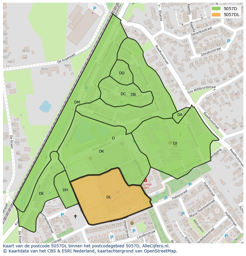Afbeelding van het postcodegebied 5057 DL op de kaart.