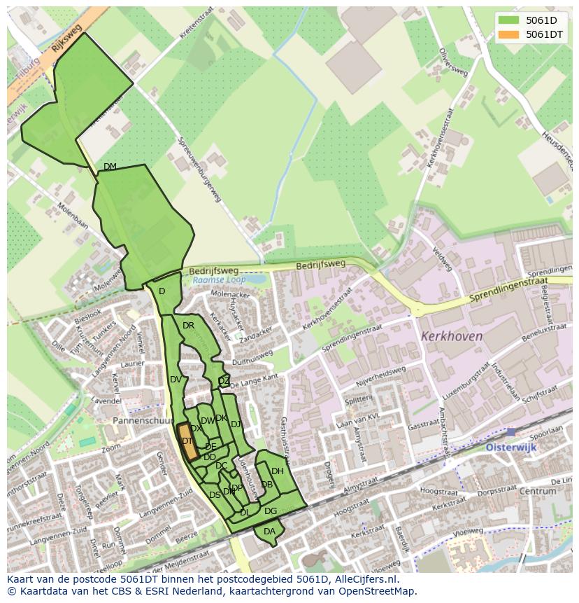 Afbeelding van het postcodegebied 5061 DT op de kaart.