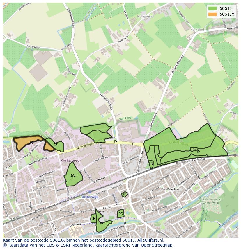 Afbeelding van het postcodegebied 5061 JX op de kaart.