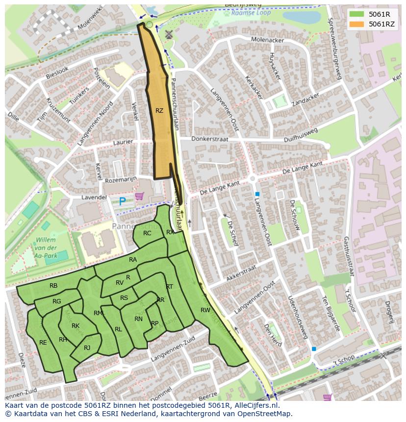 Afbeelding van het postcodegebied 5061 RZ op de kaart.
