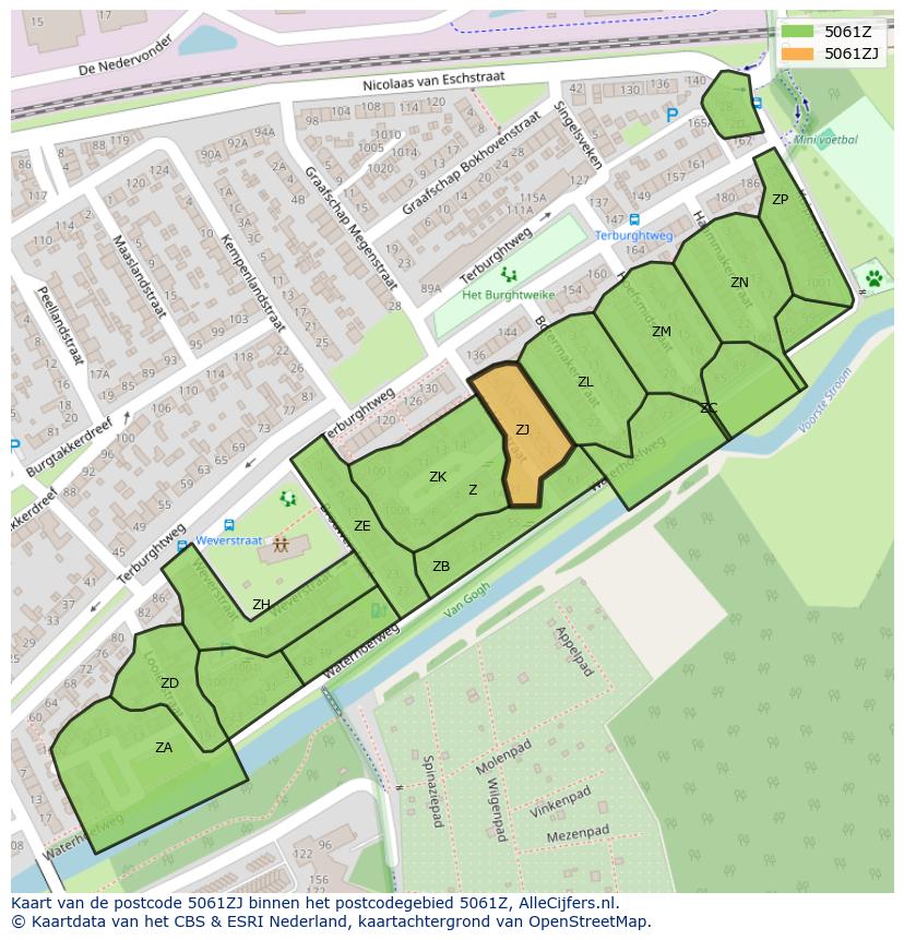 Afbeelding van het postcodegebied 5061 ZJ op de kaart.