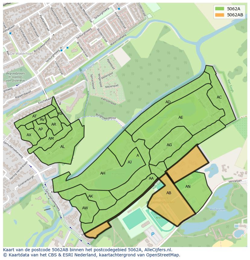Afbeelding van het postcodegebied 5062 AB op de kaart.