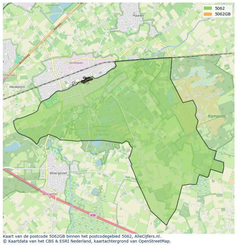 Afbeelding van het postcodegebied 5062 GB op de kaart.
