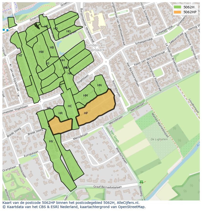 Afbeelding van het postcodegebied 5062 HP op de kaart.